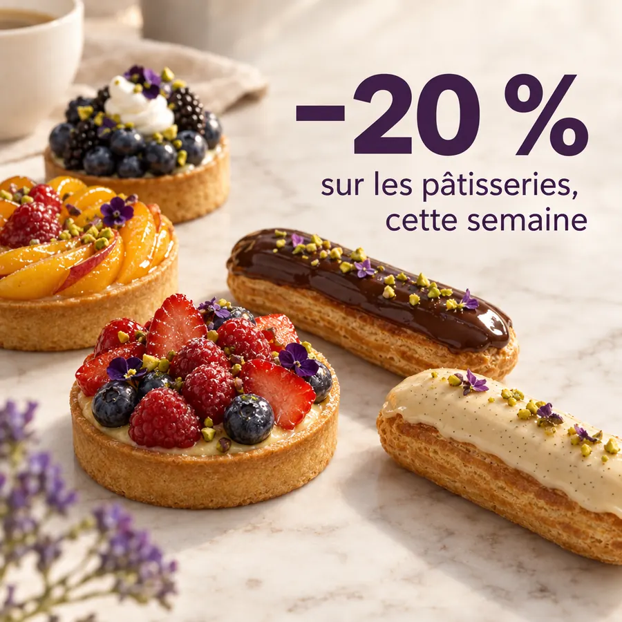Square visual: fruit tarts and éclairs, “-20% on pastries this week” (in French)